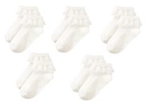 Toddler Girls White Ruffle Lace Trim Cotton Socks Frilly Dress Socks 5-Pair, Age 3-5T