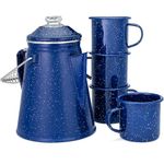 COLETTI Classic Enamel Set Coffee Percolator & Mugs — The Most Nostalgic Camping Coffee Pot, Now Modernized [12 Cup Percolator Coffee Pot & Set of 4 Mugs] (Blue)