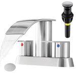 Waterfall Bathroom Sink Faucet 4 Inch 2 Handle Lead-Free Brushed Nickel Bathroom Faucet with Two Water Supply Lines and Pop Up Drain Assembly Bathroom Basin Lavatory Mixer Tap with Deck Mount Plate