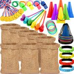 Carnival Outdoor Games Set Potato Sack Race Bags 3 Legged Race Bands Egg and Spoon Race Game Colorful Rings Cone Throwing Game for Family Yard Lawn Birthday Easter Party Games School Activities