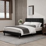 Tuconia Upholstered Queen Size Bed Frame Platform with Adjustable Headboard Wood Slats Support No Box Spring Needed Easy Assembly Linen Black