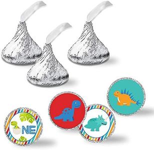 Fun to Be One Dinosaur First Birthday Party Kiss Sticker Labels, 300 Party Circle Sticker Sized 0.75” for Chocolate Drop Kisses by AmandaCreation, Great for Party Favors, Envelope Seals & Goodie Bags