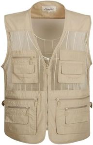Flygo Men's Summer Mesh Fishing Vest Photography Work Multi-Pockets Outdoors Journalist's Vest Sleeveless Jacket (X-Large, Beige)