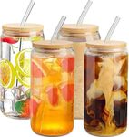 PrimeWorld 550ml Cavilater Can Glass with Wooden Lid Set of 4 Pcs Drinking Glasses, Beer Glasses, Iced Coffee Glasses, Cute Tumbler Cup, Ideal for Whiskey,Cocktail,Gift Green Tea and Coffee Glasses