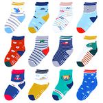 Baby Socks 12-24 Months Toddler Boys Socks with Grips 12 Pairs Cotton Non Slip Crew Socks, 1T-2T-3T Toddlers Baby Boys Gift (Multi-Colors)