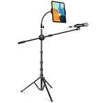 elitehood Boom Mic Stand with iPad Holder, Heavy Duty Microphone Stand with Tablet Holder Mount, Tablet Floor Tripod Stand for iPad Cell Phone Mic, Collapsible Microphone Stand for Singing & Music