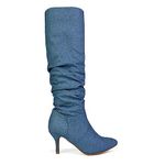 ESSEX GLAM New Womens Knee High Boots Ladies Low Mid Heels Pointy Rouched Zip Size 3-8 Denim