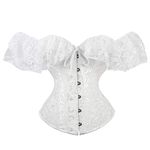 Yuemengxuan Women Sexy Boned Bustier Corset Top Bride Lace Up Floral Satin Overbust Body Shaper Lingerie with Lace Sleeve, White, Large