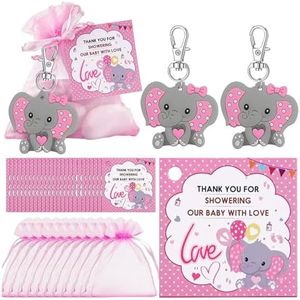 40 juegos de recuerdos de baby shower para niñas y niños, regalos de regreso, incluyendo llaveros de elefante, bolsas con cordón, tarjetas de agradecimiento, decoraciones de baby shower para fiesta