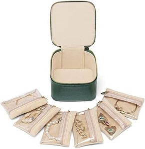 Vlando Travel Jewelry Box with 6 Velvet Jewelry Zipper Pockets Little Girls Jewelry Box Premium Petal Hardware Travel Jewelry Case for Women Girl Valentines Day Gifts for Self (Green)