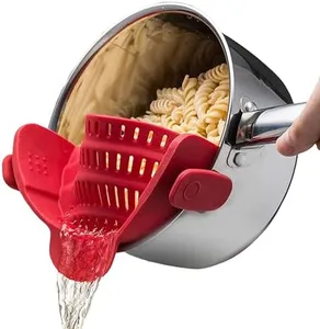 Kitchen Gizmo Snap N Strain Pot Strainer and Pasta Strainer - Adjustable Silicone Clip On Strainer for Pots, Pans, and Bowls - Kitchen Colander - Red Large