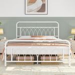 Yaheetech 4ft6 Double Bed Frame Metal Platform Bed with Petal Accented Headboard/Ample Underbed Storage/Solid Slatted Bed Base/No Box Spring Needed White Double Bed