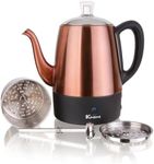 Euro Cuisine PER04 Stainless Steel Electric Coffee Percolator, 4 Cup, Polished Copper Finish, Dripless Gooseneck Spout, Clear Glass Knob, Brewing Indication, Keep-Warm Function, Detachable Cord