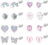 Sanfenly 8 Pairs Stud Earrings for Women Girls Stainless Steel Hypoallergenic Earrings Multicolored CZ Screw Back Girls Earrings Rainbow Butterfly Flower Stud Earrings Set Girls Earrings for Kids