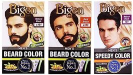 Bigen Men's Beard Color Pack of 3: Natural Black (40g) & Dark Brown (40g) & Speedy Color Natural Black (80g), Ammonia Free, Powder, Natural, Semi-Permanent, Covers Gray, Achieves Stylish Look