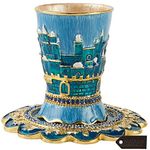 Matashi Hand-Painted Enamel 3.3'' Tall Kiddush Cup Set with Tray with Crystals and Jerusalem Cityscape Design for Weddings Shabbat Havdalah Passover Goblet Judaica Gift Home Decor Blessings Cup