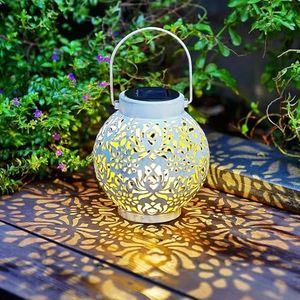 Set of 2 Outdoor Solar Hanging Lantern Lights Metal LED Decorative Lamp for Garden Patio Courtyard Lawn and Table with Hollowed-Out Design (White)