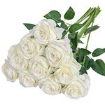 Nubry Artificial Silk Rose Flower Single Stem Lifelike Fake Rose for Wedding Bouquet Floral Arrangements Home Party Centerpiece Decoration, 10pcs (Off White)