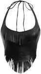 SHENHE Women's Faux Leather Fringe Top Backless Sexy Halter Corset Top Club Night Crop Tops Black Large