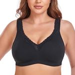 Ayigedu Women's Wireless Plus Size Lace Comfort Cotton Bra Full Coverage Unlined Minimizer Bra 46GG Black