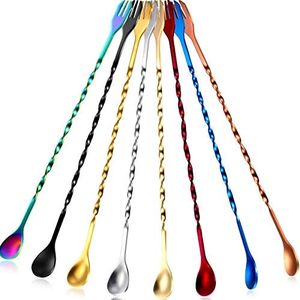 Boao 8 Pcs 10 Inch Long Bar Spoon Cocktail Spoon Stirring Mixing Long Spoon Stainless Steel Spiral Pattern Cocktail Stirrers Spoons, 10 Inch, 8 Colors