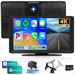 4K Dash Cam Wireless Carplay 9inch IPS Touch Screen, Portable Car Play/Android Auto Car Stereo Radio,Car Audio Receivers 1080p Backup Camera DVR,GPS,Mirror Link, Bluetooth,FM, Siri,ADAS,64G TF