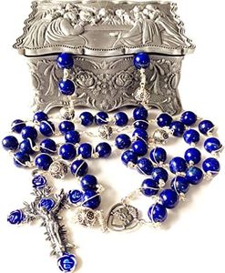 elegantmedical Wire Wrapped HANDMADE ROSARY UNDOUBTED LAPIS LAZULI BEADS STERLING SILVE NECKLACE CROSS GIFT BOX