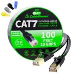 Cat7 Shielded Ethernet Cable 100ft (Highest Speed Cable) Flat Ethernet Patch Cable Support Cat5/Cat6 Network,600Mhz,10Gbps - Black Computer Cord + Clips and Straps for Router Xbox