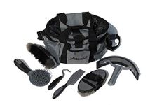 Rhinegold GREY GROOMING BAG WITH KIT, 7 Pieces Equestrian Grooming Gift Set that Includes All Types of Horse Hair Brush, Curry Comb, and Hoof Pick with a Multipurpose Horse Grooming Bag