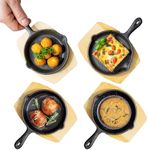 Navaris Cast Iron Skillet With Wooden Base (Set of 4) - Cast Iron Frying Pan Small Skillet With Protective Wood Base - Heavy Duty Metal Skillet Pans - 6" (15cm)