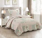 Brilliant Sunshine Traditional Rose and Sage Patchwork, with Rose Bud Frames, 2-Piece Quilt Set with 1 Sham, Reversible Bedspread, Soft Lightweight Coverlet, All-Season, Twin, Light Rose Sage