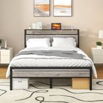 HOJINLINERO Full Size Bed Frame with Storage Headboard/USB Charging Station,Metal Platform Bed Frame Full Size No Box Spring Needed,Noise-Free,Strong Steel Slats Support,Warm Grey…