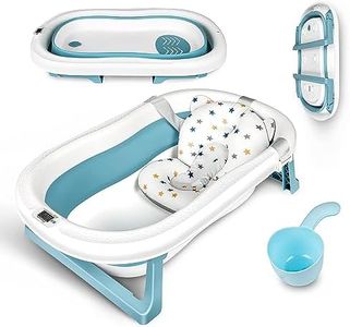 Baby Bathtub Portable Collapsible Toddler Bath tub, Foldable Infant Bath Tubs with Cushion,Children's Balls, Baby Hair Washing Cup for Newborn Infant Toddler Baby (Blue（thermometer）)