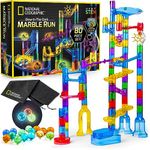 NATIONAL GEOGRAPHIC Glowing Marble Run – 80-Piece Construction Set with 15 Glow-in-The-Dark Glass Marbles, Mesh Storage Bag & Marble Pouch, Great Creative STEM Toy for Girls & Boys