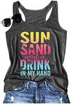 Sun Sand and A Drink in My Hand Tank Tops Womens Summer Beach Graphic Sleeveless T Shirt Cute Country Vacation Tank Cami, Dark Grey, Medium