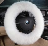 Andalus Luxurious Australian Sheepskin Long Wool Fuzzy Steering Wheel Cover, Anti-Slip 15 Inch Fluffy Steering Wheel Cover Offers a Plush Feel, Eco-Friendly Sheepskin Steering Wheel Cover (White)