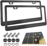 Carbon Fiber License Plate Frame- Black Aluminum Heavy Duty Car Tag Holder Cover, 2 Pack Rust/Rattle Proof Front & Rear Plate Mounting Kit- Stainless Steel Screws, Caps, Tire Valve Cover, 2 Hole