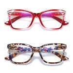 Areyeth 2 Pair Oversized Square Trendy Reading Glasses for Women, Blue Light Blocking Computer Readers with Flexible Spring Hinge(Red+ Coffee, 2.25)