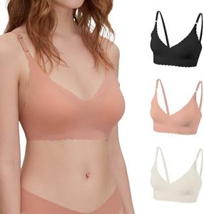 DEANGELMON V Neck Bra Padded Seamless Adjustable Straps Bralettes Everyday Basic Sleeping Bras Multiple Pack, Black,soft Peach,apricot, Small