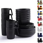 Black Dinnerware Sets 24pcs Service for 6, Berglander Plastic Reusable Plates and Bowls Sets, Dish Set Include Dinner Plates, Dessert Plate, Cereal Bowls, Cups for Home, Garden, Picnic, Camping