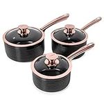 Tower T800001RB Linear Non Stick Induction Saucepans Sets With Lids, Easy Clean, Black and Rose Gold, 3 Piece Set, 16/18/20 cm