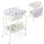 COSTWAY 4 in 1 Baby Changing Table, Folding Infant Nursery Station with Bath Tub, 4 Universal Wheels, PVC Pad and Storage Tray, Portable Newborn Massage Tables Diaper Organizer