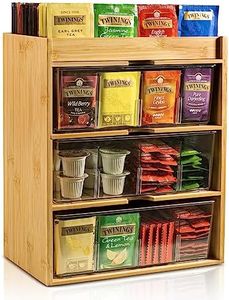 TIMIEEYA Tea Bag Organizer - Bamboo Tea Storage Organizer With Drawer 3 Layer, Tea Organizer for Tea Bags Natural Wood & Acrylic for Countertop Office Kitchen Cabinet Pantry