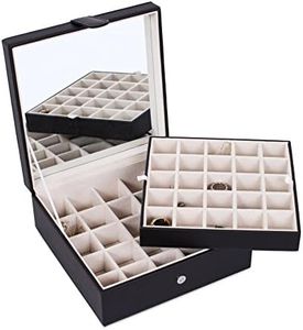 Internet's Best Faux Leather Grid Jewelry Box - 2-Tier Jewelry Organizer with 25 Slot for Rings, Earrings, Bracelets & Necklaces - Modern Style & Elegant Case with Velvet Lining & Mirror - Black