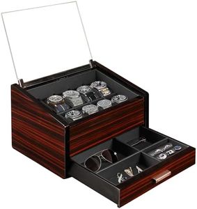 Woodronic Watch Case, 10 Slot Wooden Watch Box with Accessory Drawer, 2-Layer Jewelry and Watch Organizer Display Holder with Glass Lid, PU Leather Pillows, Watches Gift for Men, Glossy Finish