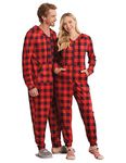 Ekouaer Christmas Family Matching Pajamas Hooded Zipper Onesies Long Sleeve Couple One Piece Sleepwear with Pockets S-XXL, Women-red&black Plaid, Large