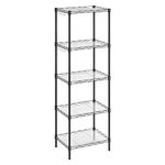 SONGMICS Kitchen Shelf, Metal Storage Rack with PP Shelf Liners, 5-Tier Wire Shelving Unit with 8 Hooks, 11.8 x 15.7 x 47.6 Inches, Height-Adjustable, for Bathroom, Pantry, Black ULGR115B01