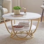 HEQEUWIN Round Coffee Tables Accent Center Table Sofa Side Tea Table with 2-Tier Storage for Living Room Office Desk Balcony Wood Desktop and Metal Legs (Golden and White)