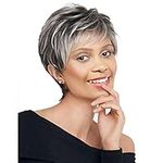 Gray White Wigs for Women, Temperament, Oblique Bangs, Texture, Fluffy Short Hair, Black Gradient Silver, Middle-Aged and Elderly Women’S Wigs, Natural Hair for Daily Use, Suitable for Girls and Women