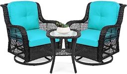 Best Choice Products 3-Piece Outdoor Wicker Patio Bistro Set w/ 2 360-Degree Swivel Rocking Chairs and Tempered Glass Top Side Table - Teal